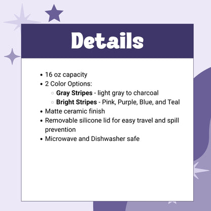 Product details card for hidden profanity latte mug showing 16oz capacity, 2 color options gray stripes and bright stripes, matte ceramic finish, removable silicone lid, microwave and dishwasher safe