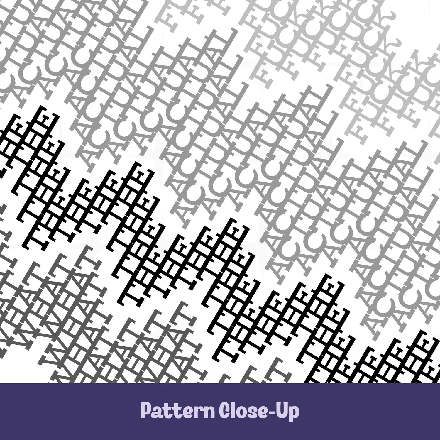 Close-up of hidden message pattern on latte mug in gray stripes colorway, monochrome angular letterforms in light gray and charcoal black revealing concealed profanity text