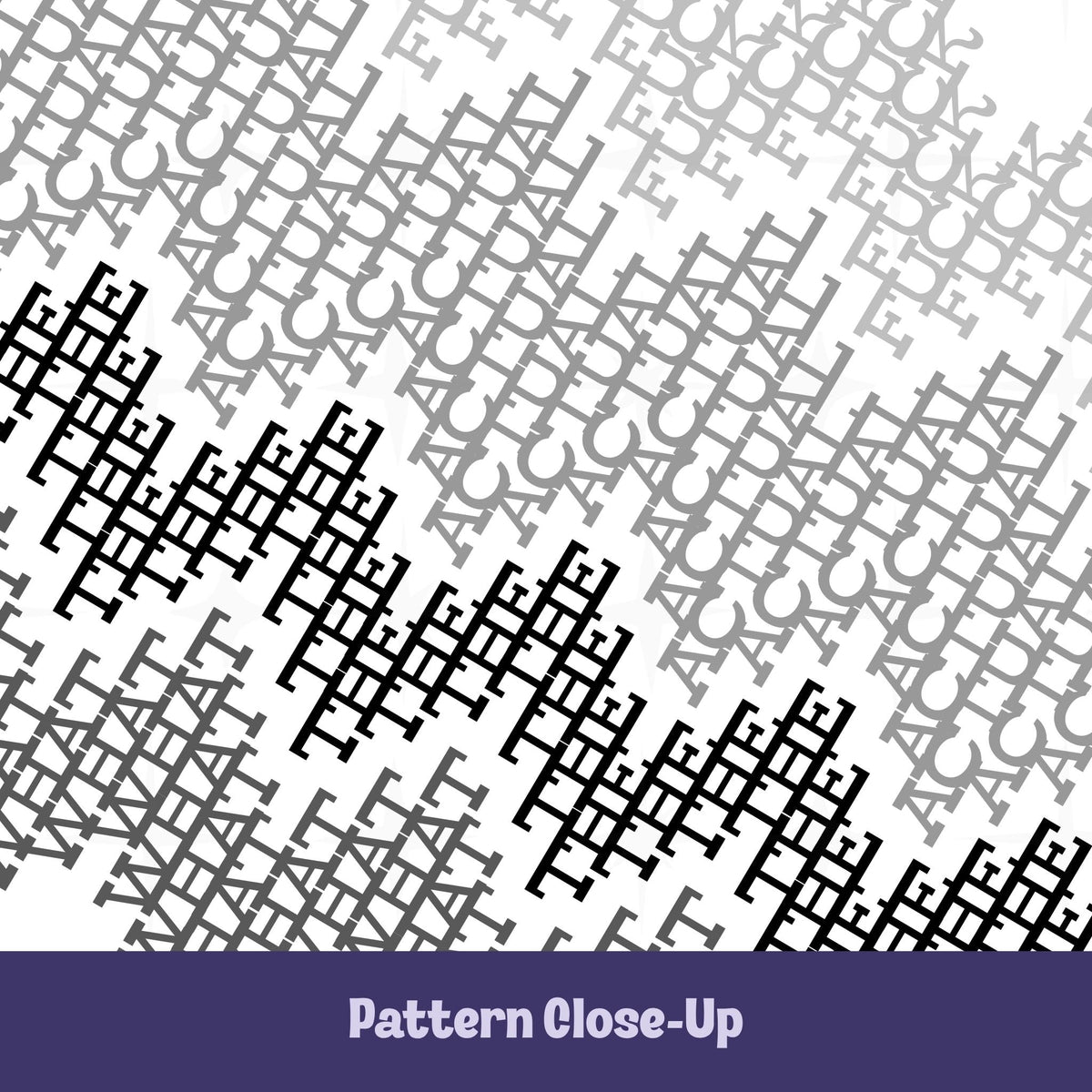 Close-up of hidden message pattern on latte mug in gray stripes colorway, monochrome angular letterforms in light gray and charcoal black revealing concealed profanity text
