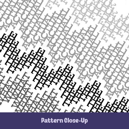 Close-up of hidden message pattern on latte mug in gray stripes colorway, monochrome angular letterforms in light gray and charcoal black revealing concealed profanity text
