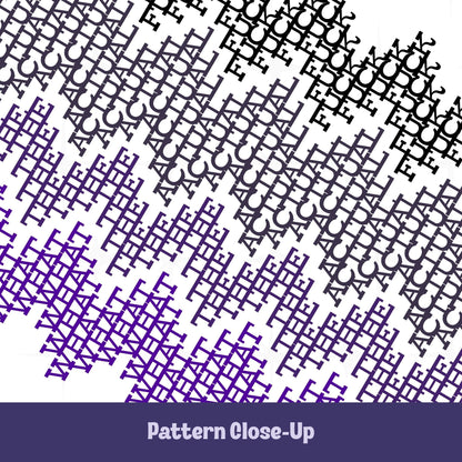 Close-up of hidden profanity pattern on latte mug in purple ombre colorway, angular geometric letterforms spelling WHAT THE ACTUAL FUCK in interlocking cross-stitch style text from dark purple to black