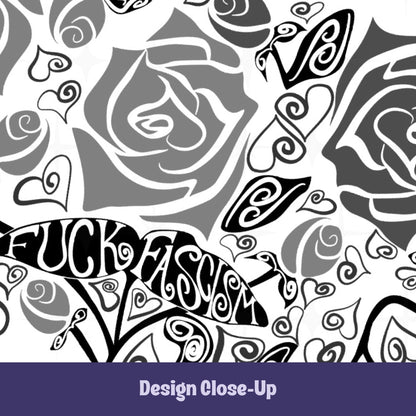 Design close-up of hidden profanity latte mug artwork showing hand-lettered Fuck Fascism banner woven into gothic rose and heart vine pattern in black and gray