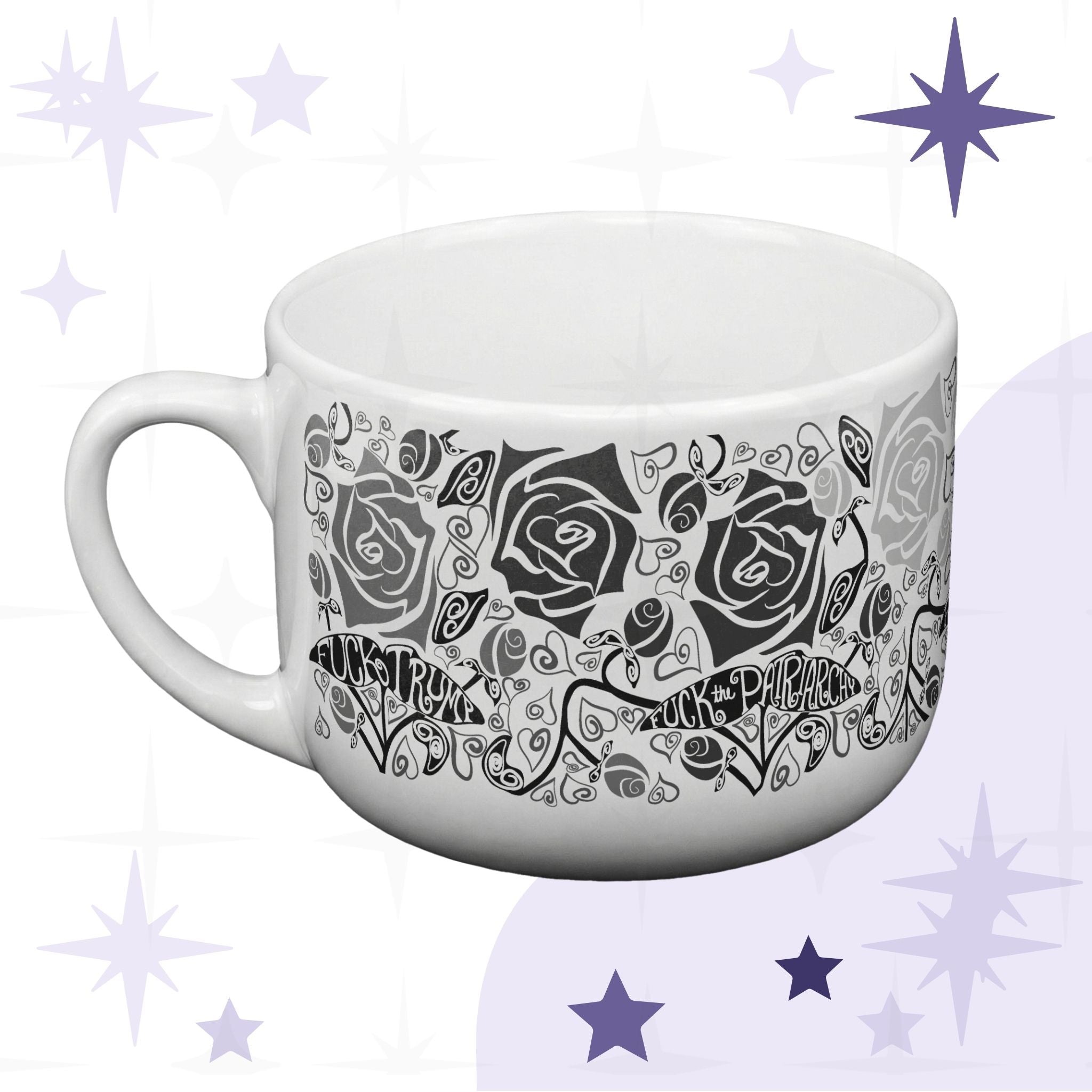 Hidden profanity latte mug angled hero view showing full wrap monochrome rose pattern with Fuck Trump and Fuck the Patriarchy hand-lettered protest banners, white ceramic on purple starbursts