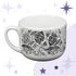 Hidden profanity latte mug angled hero view showing full wrap monochrome rose pattern with Fuck Trump and Fuck the Patriarchy hand-lettered protest banners, white ceramic on purple starbursts