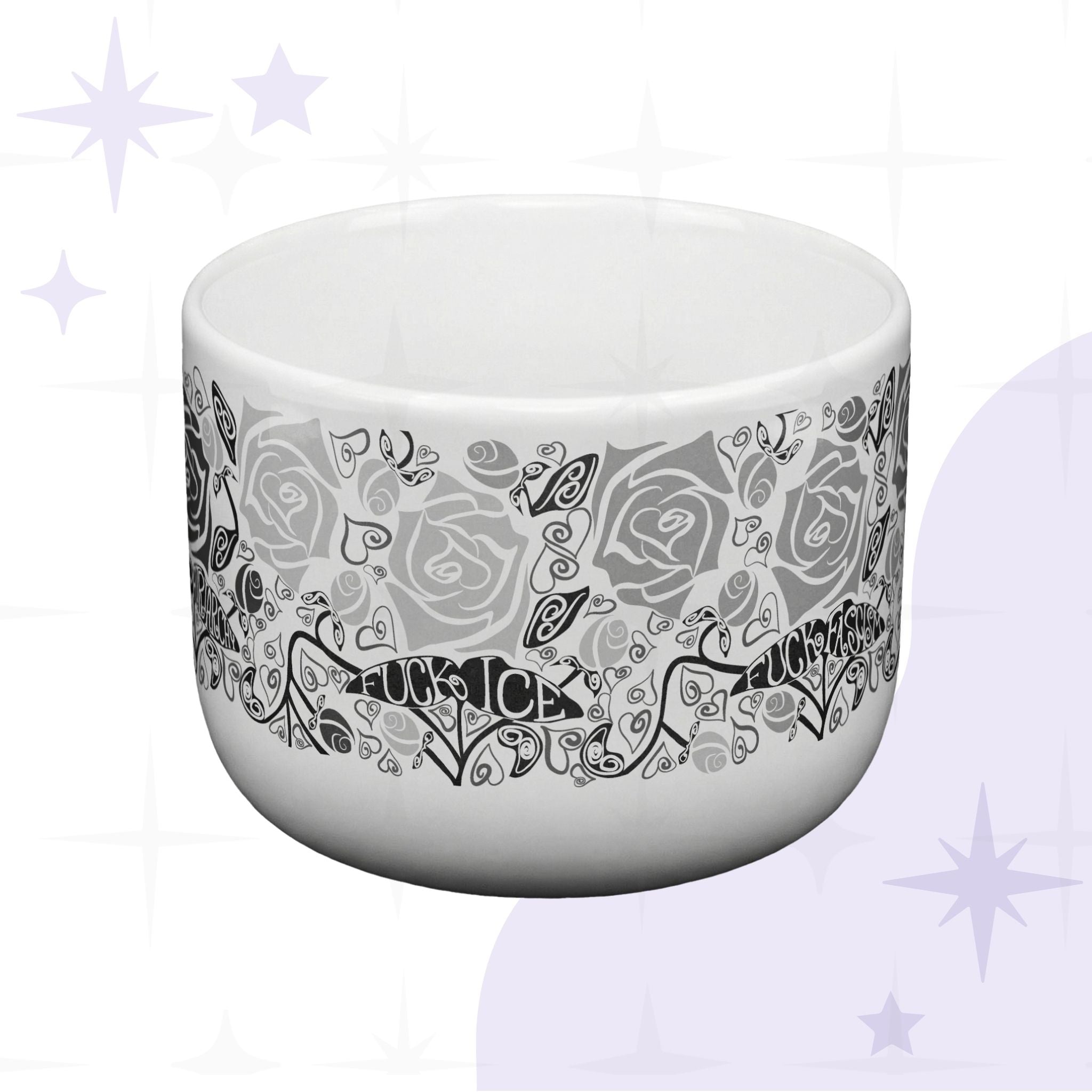 Hidden profanity latte mug front view showing full wrap rose pattern with Fuck ICE and Fuck Fascism hand-lettered protest banners, white ceramic on purple background