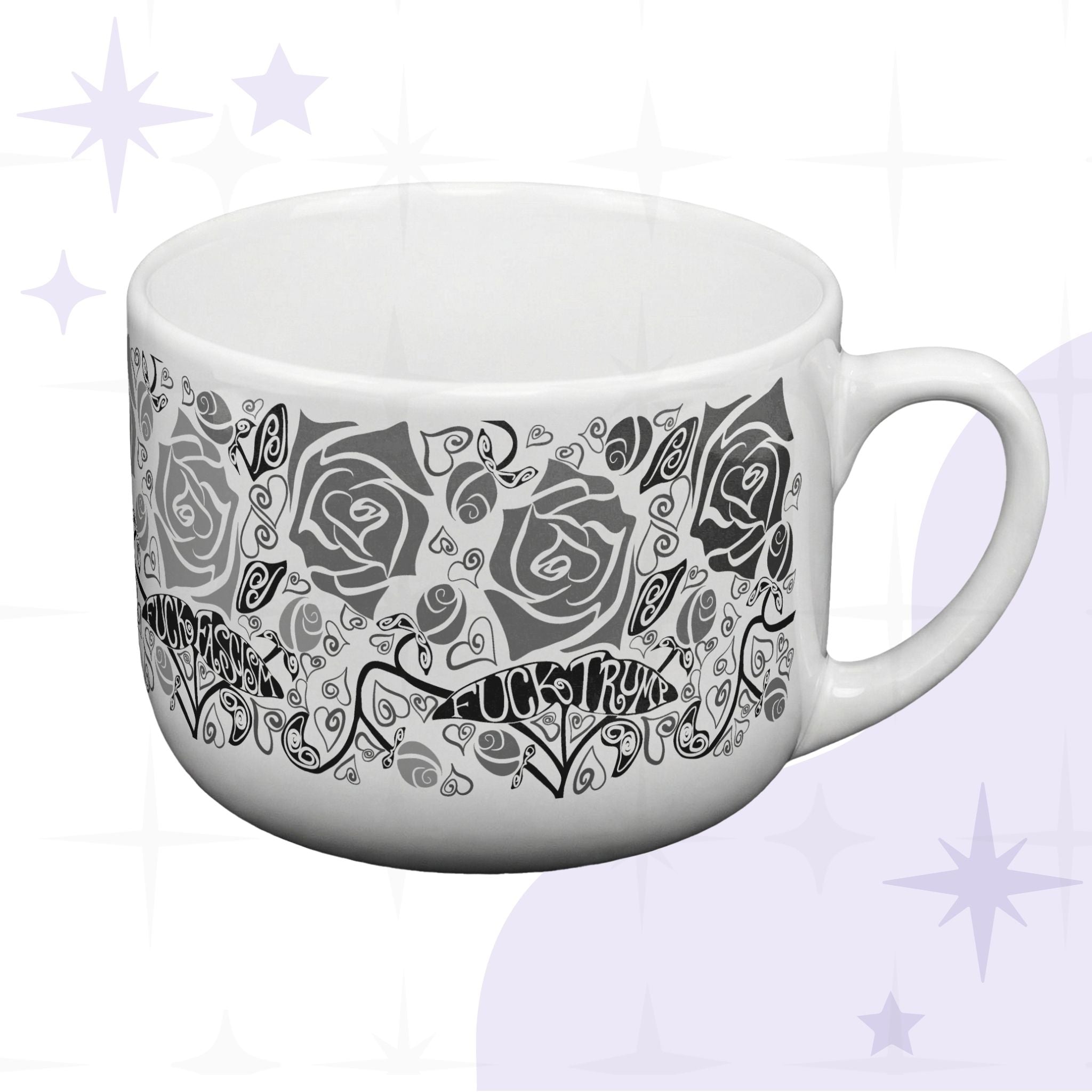 Hidden profanity latte mug side view on purple starbursts background, monochrome gothic rose pattern with hand-lettered Fuck Trump and Fuck Fascism banners on white ceramic