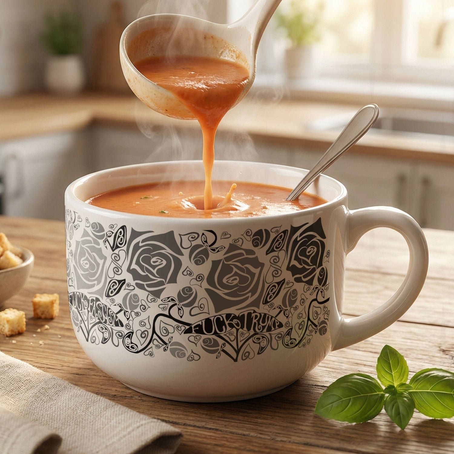Hidden profanity latte mug with tomato soup being ladled in, gothic rose pattern with political protest hand lettering on white ceramic, basil and croutons