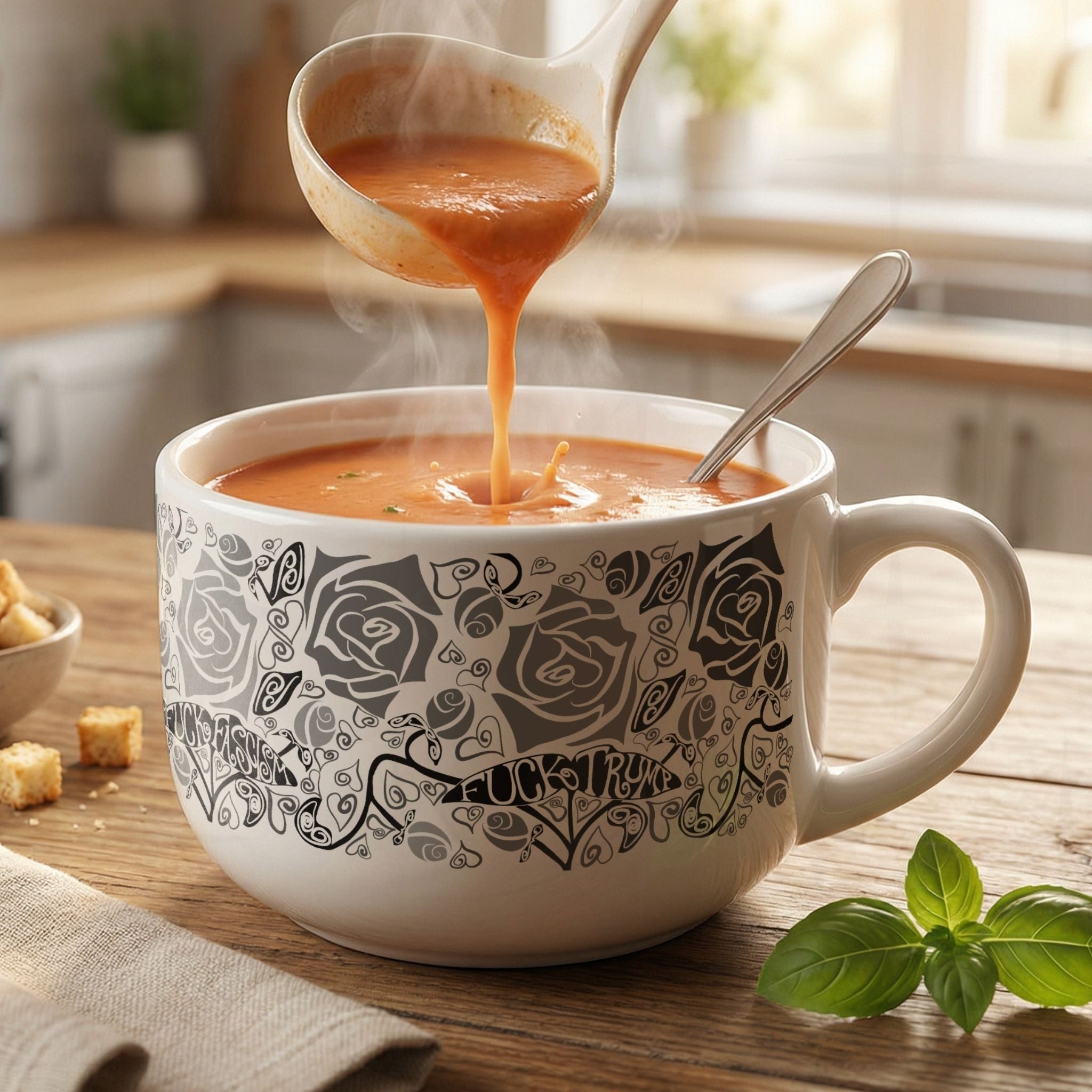 Hidden profanity latte mug with tomato soup being ladled in, gothic rose pattern with political protest hand lettering on white ceramic, basil and croutons