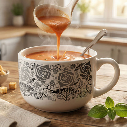 Hidden profanity latte mug with tomato soup being ladled in, gothic rose pattern with political protest hand lettering on white ceramic, basil and croutons