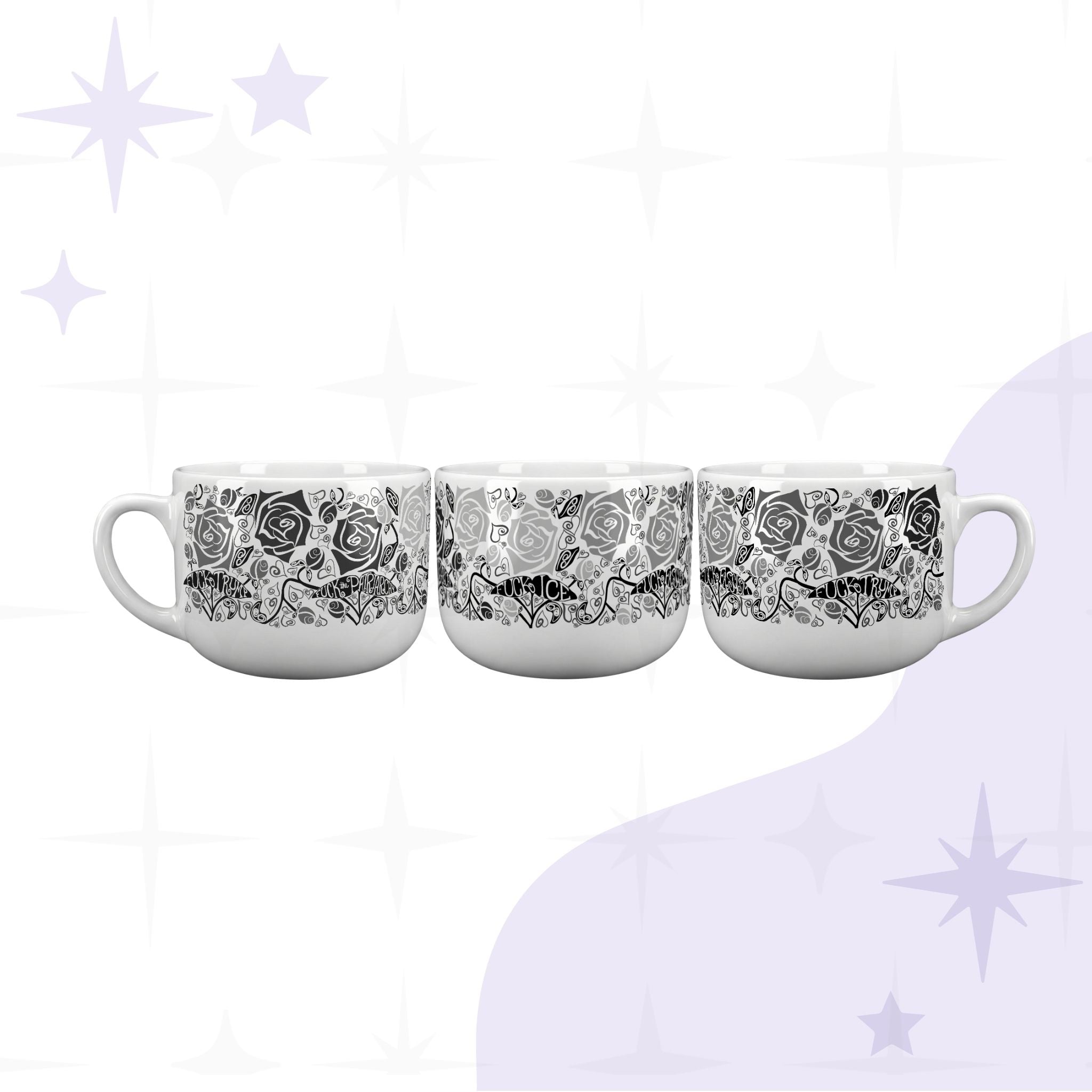 Three hidden profanity latte mugs showing different angles of monochrome gothic rose protest pattern with hand-lettered banners on white ceramic, purple starbursts background