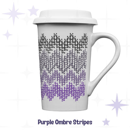 Purple ombre hidden profanity latte mug 16oz front view, jagged stripe pattern fading from black to bright violet on white ceramic with silicone lid