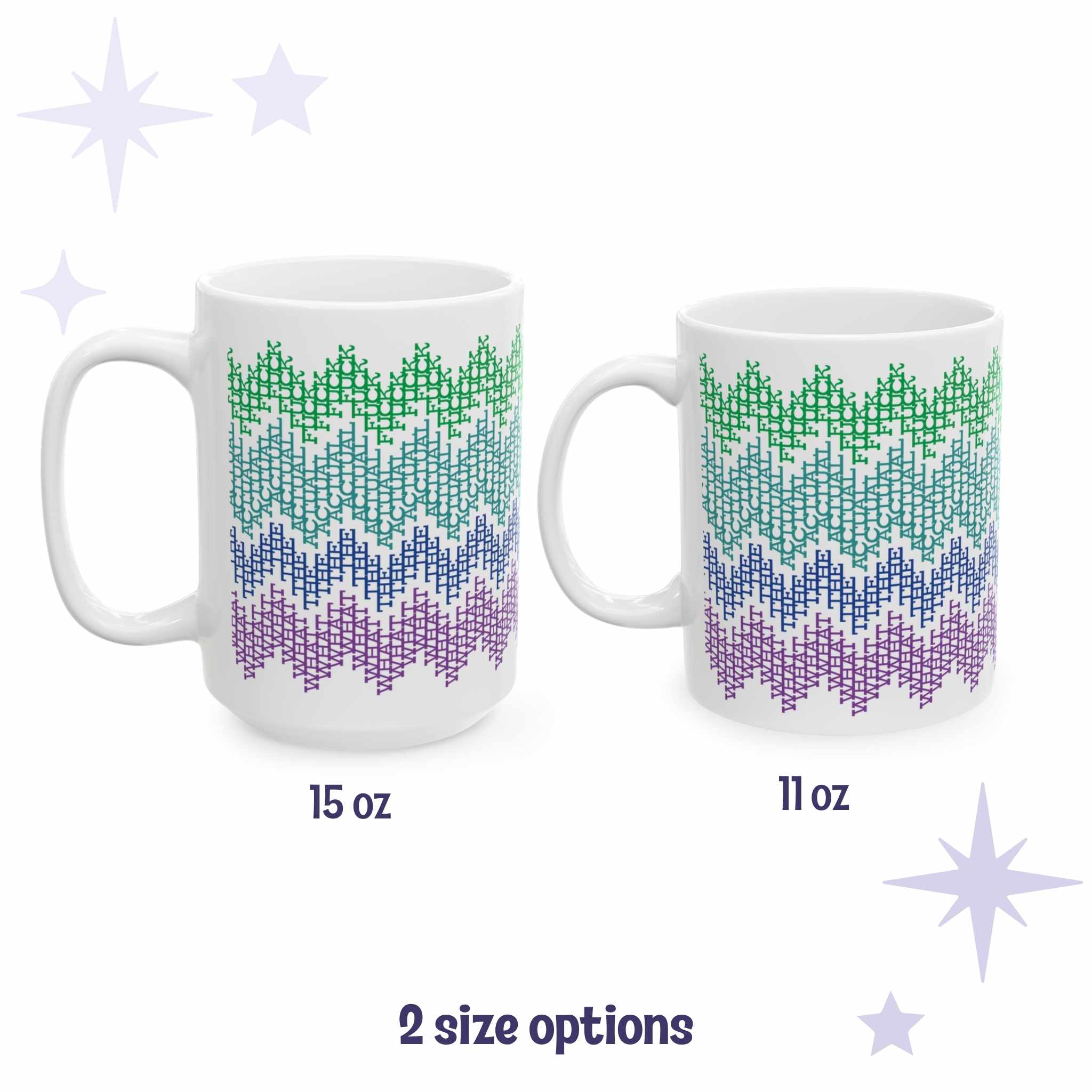 Side by side comparison of 15oz and 11oz hidden profanity mugs in bright colorful fair isle pattern showing size difference
