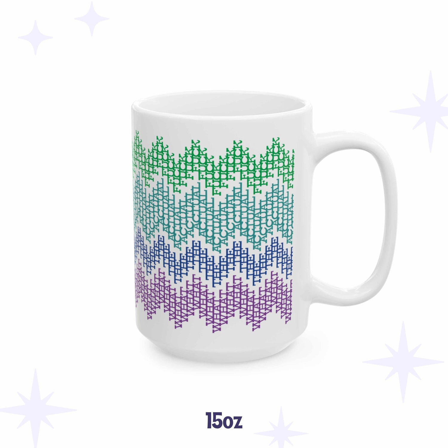 White ceramic hidden message mug, What the Actual F*ck, with colorful fair isle zigzag pattern in green, teal, blue, and purple 15 oz