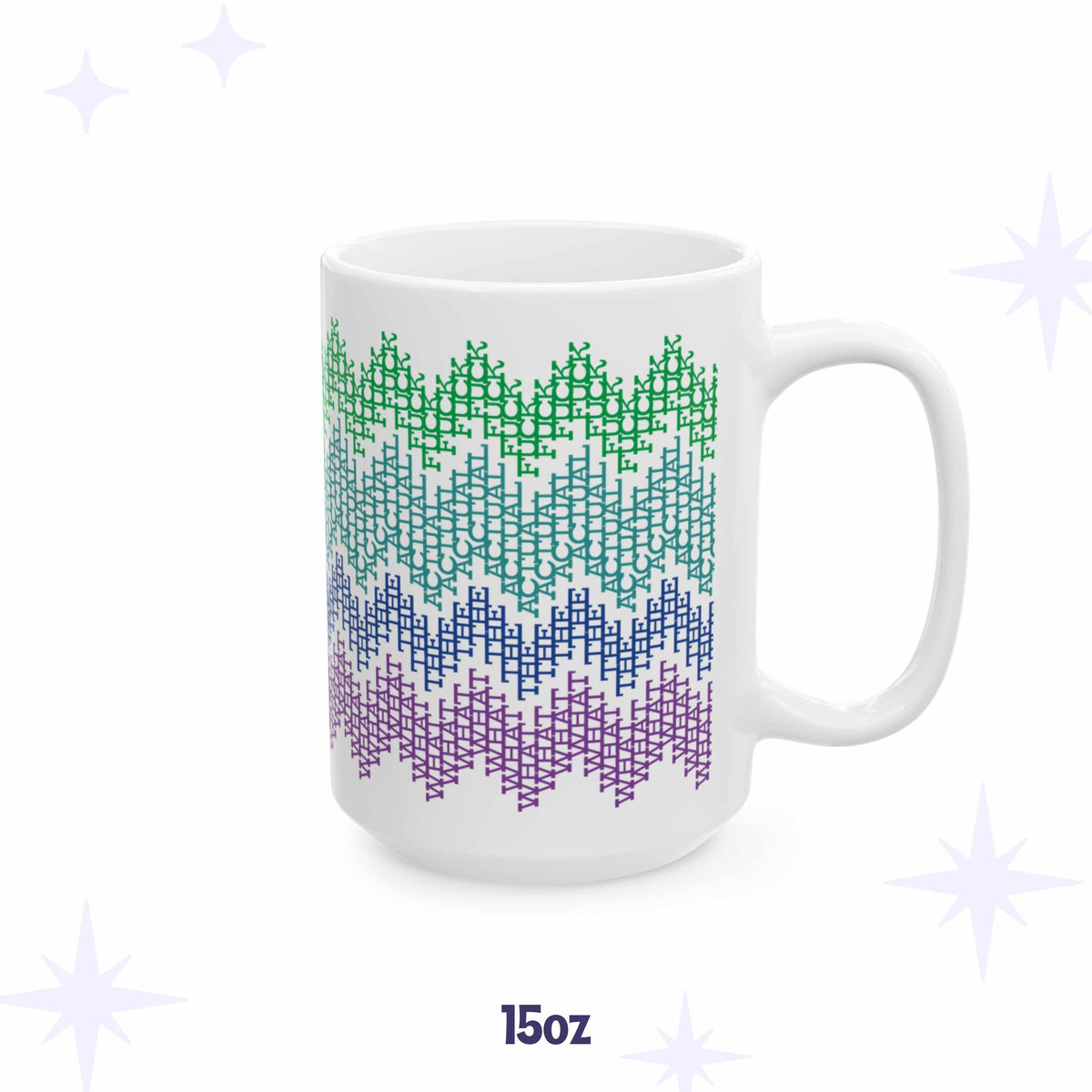 White ceramic hidden message mug, What the Actual F*ck, with colorful fair isle zigzag pattern in green, teal, blue, and purple 15 oz