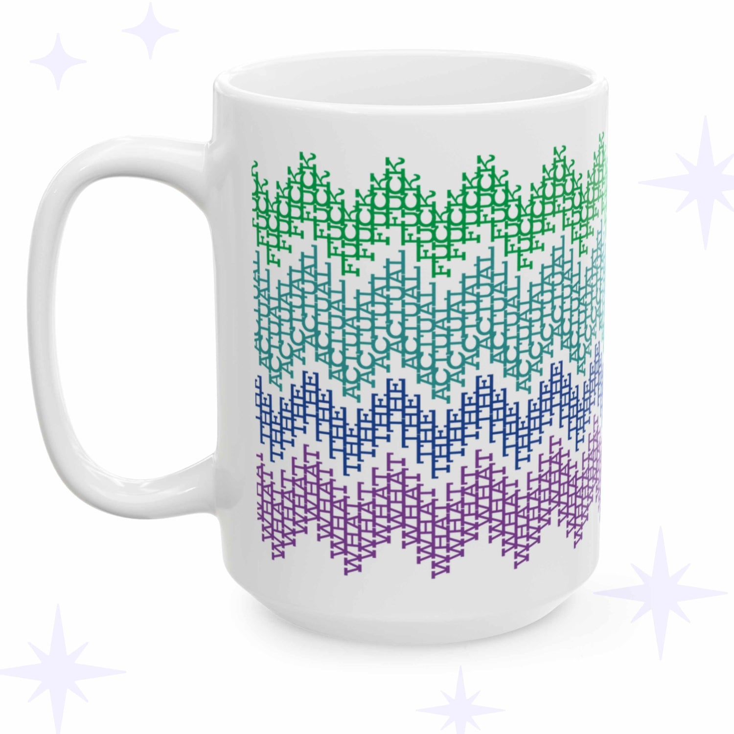 White ceramic hidden message mug, What the Actual F*ck, with colorful fair isle zigzag pattern in green, teal, blue, and purple