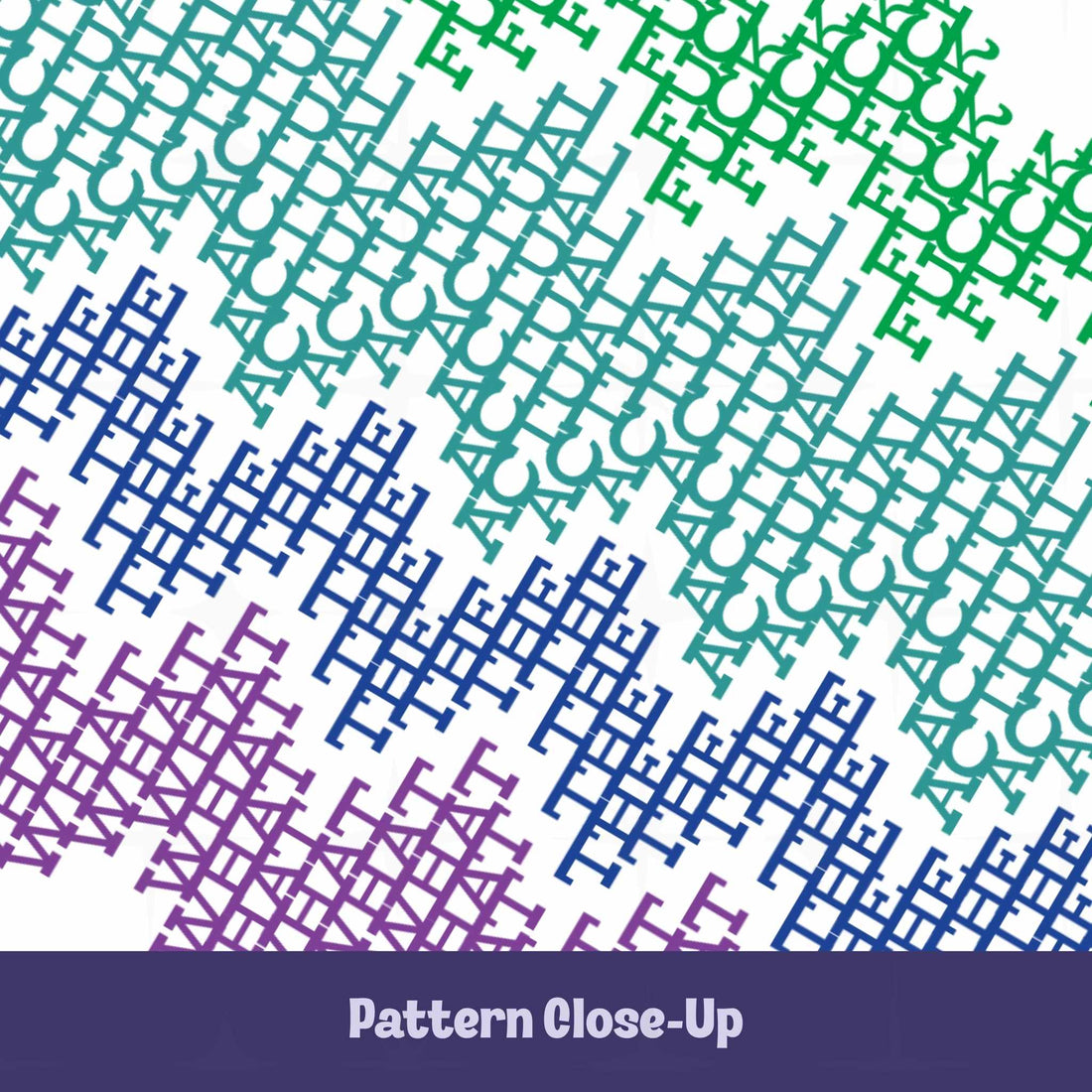 Close-up of colorful cross-stitch typography pattern revealing the hidden words in green, teal, blue, and purple with a Pattern Close-Up label