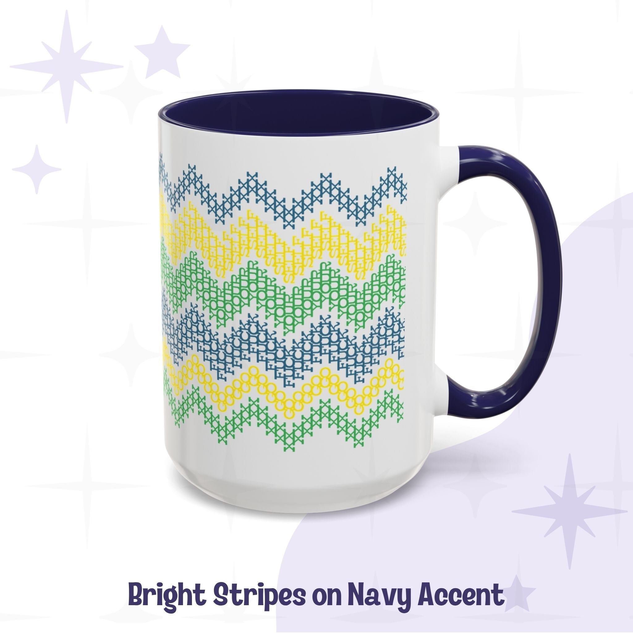 Hidden profanity mug 11oz all-white ceramic with bright stripe cross stitch pattern in teal yellow and green, spelling Go Fuck Yourself 