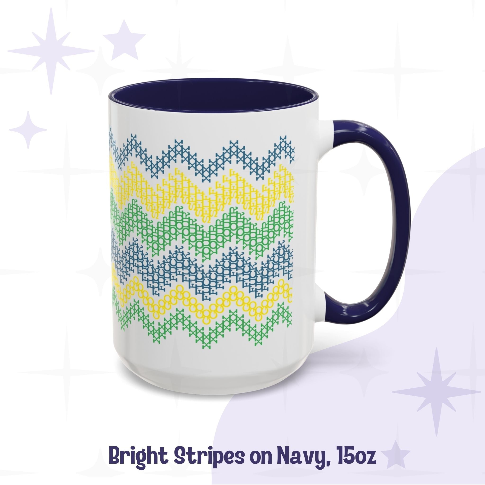 Bright stripe hidden message mug 15oz all-white ceramic body with teal yellow green Go Fuck Yourself cross stitch pattern