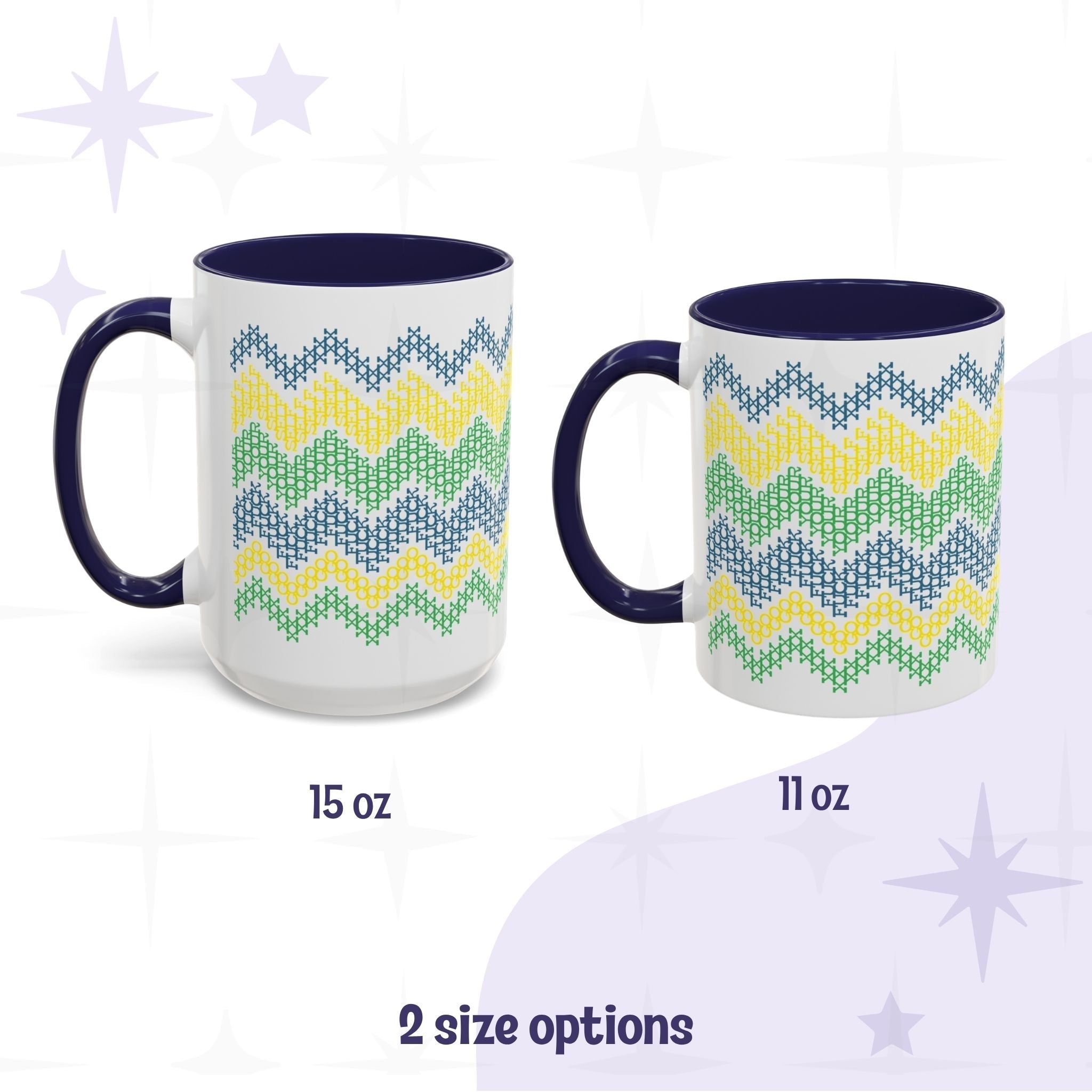 Side by side size comparison of bright stripe hidden message mugs on white ceramic body with Navy accents in 15oz and 11oz