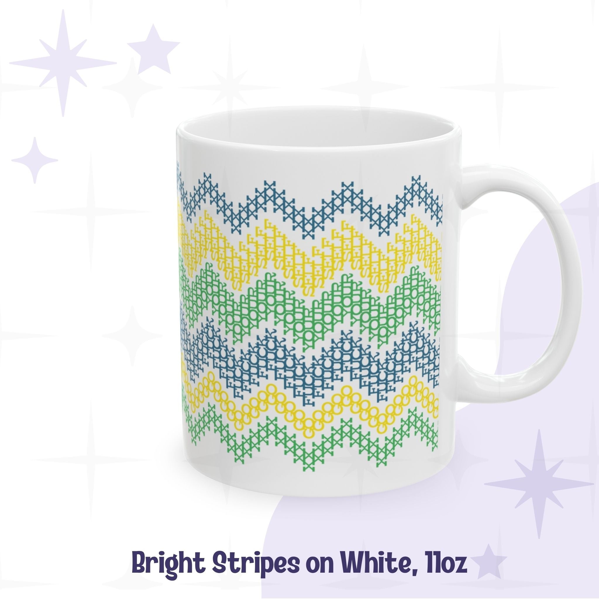 Hidden profanity mug 11oz all-white ceramic with bright stripe cross stitch pattern in teal yellow and green