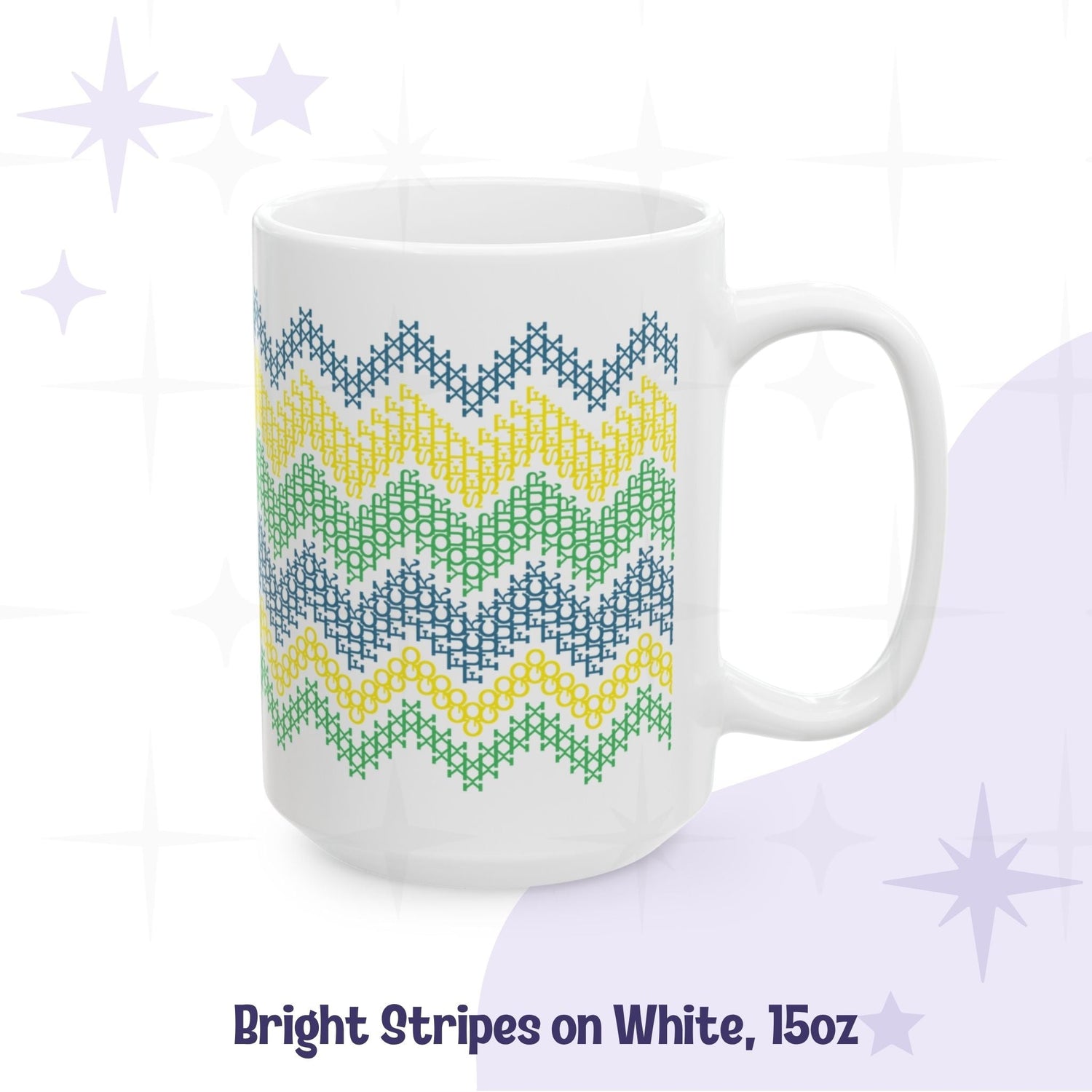 15oz hidden profanity ceramic mug bright stripe cross stitch chevron pattern in teal yellow and green on all-white mug body