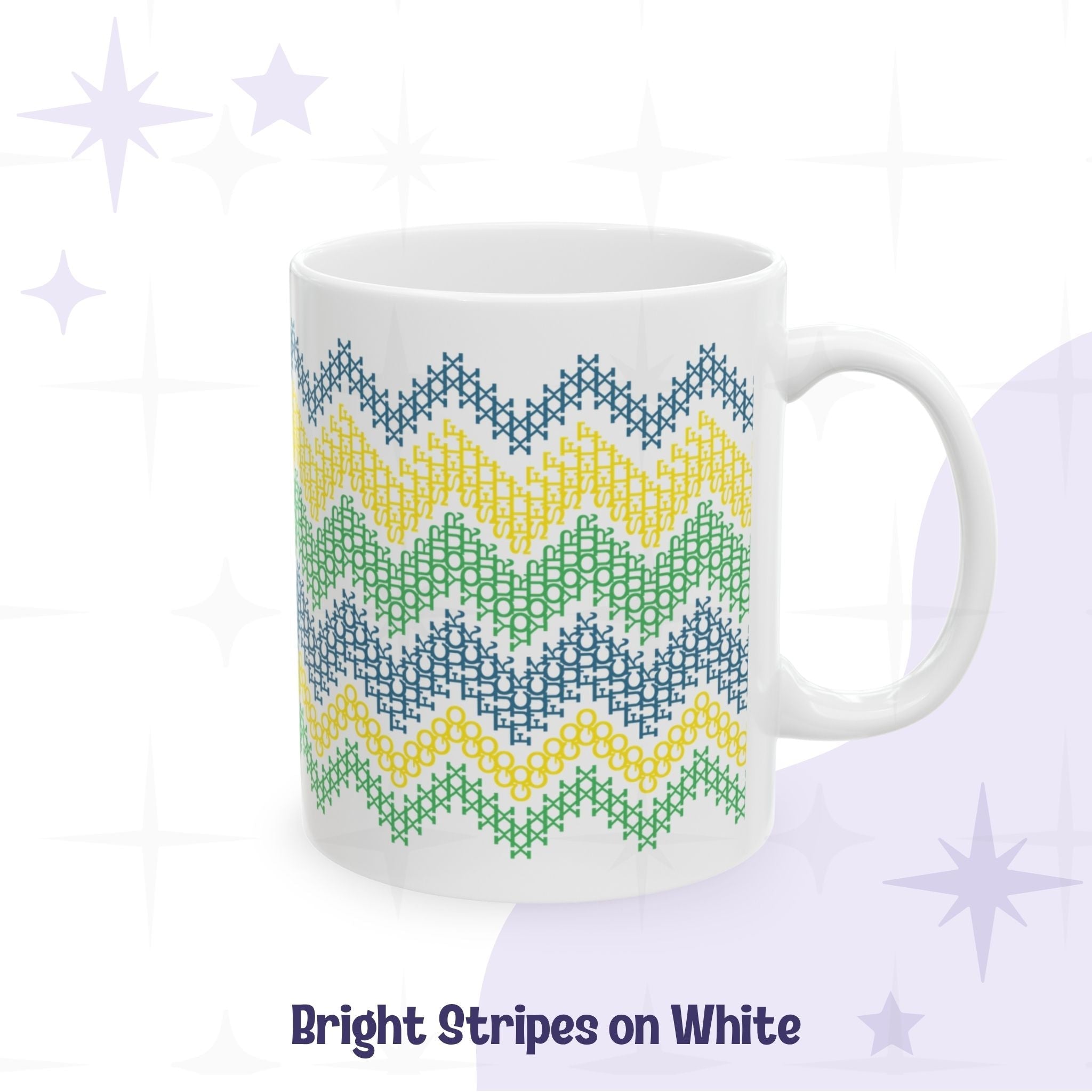 Hidden profanity coffee mug bright teal yellow green stripe cross stitch pattern on white ceramic front view