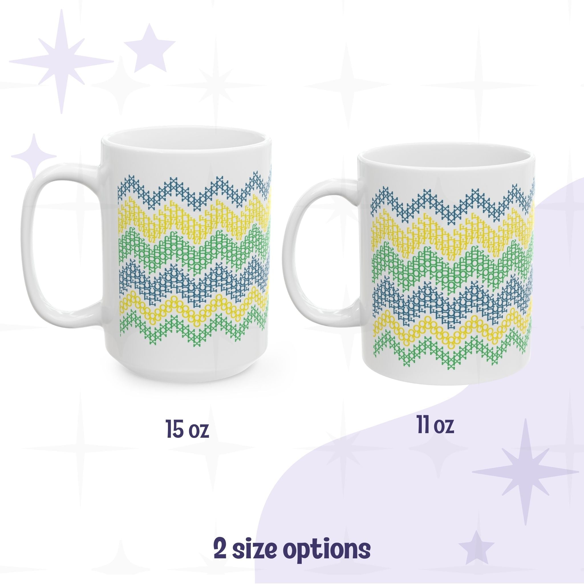 Side by side size comparison of bright stripe hidden message mug on all-white ceramic body in 15oz and 11oz