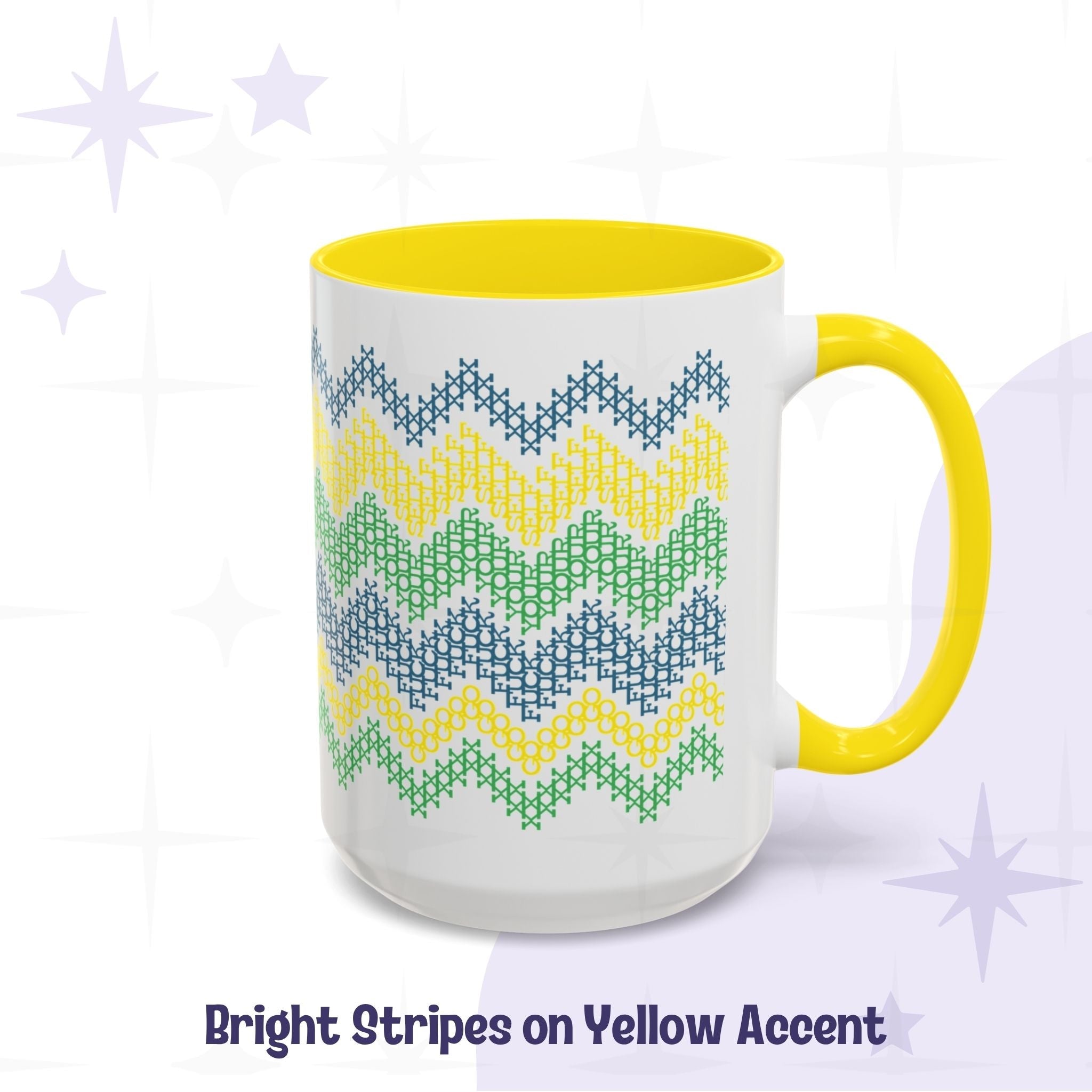 15oz hidden profanity mug bright stripe cross stitch pattern yellow accent handle ceramic