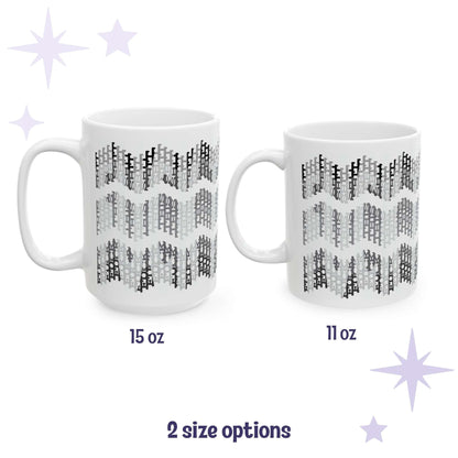 Hidden profanity chevron mug in grayscale shown in both 15oz and 11oz sizes side by side