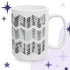 White ceramic hidden profanity mug with grayscale chevron pattern spelling fuck this shit, 15oz, on purple starfield background
