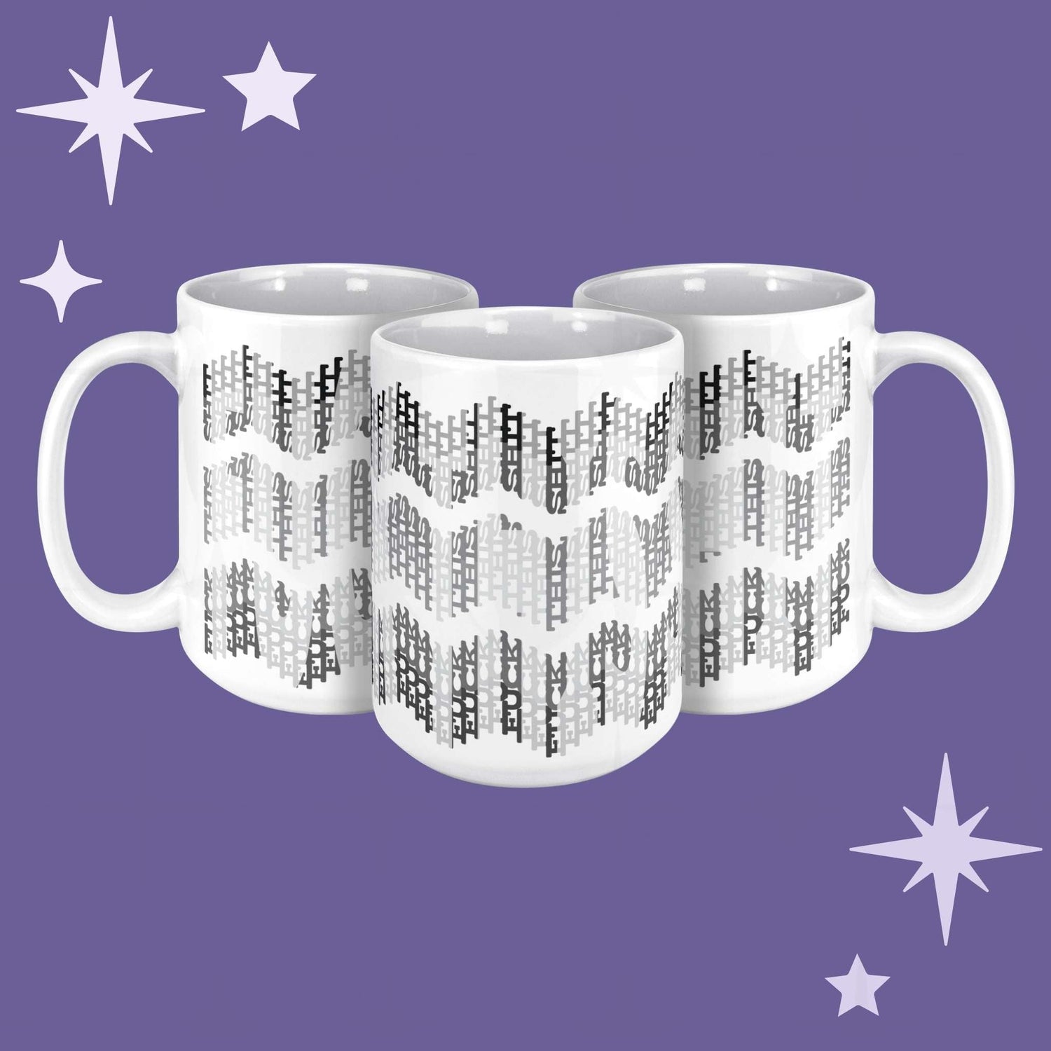 Three white ceramic hidden profanity mugs with gray chevron pattern on purple background