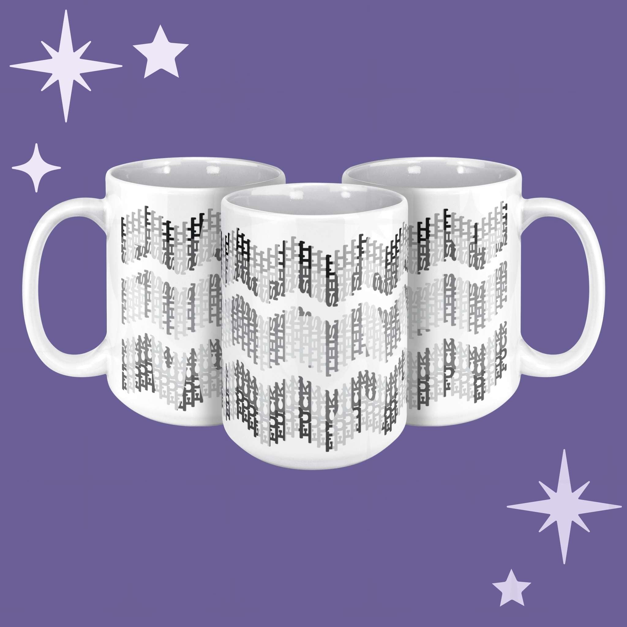 Three white ceramic hidden profanity mugs with gray chevron pattern on purple background