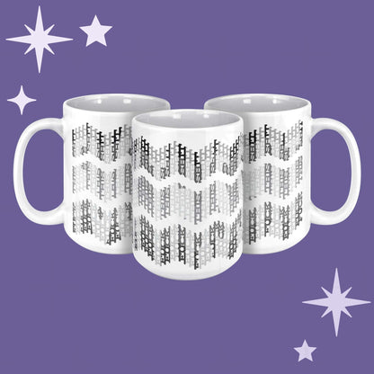 Three white ceramic hidden profanity mugs with gray chevron pattern on purple background