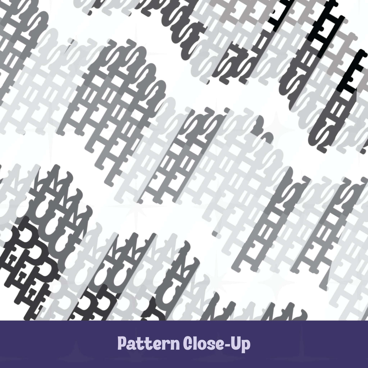 Close-up detail of interlocking gray typographic chevron pattern with hidden profanity text overlay