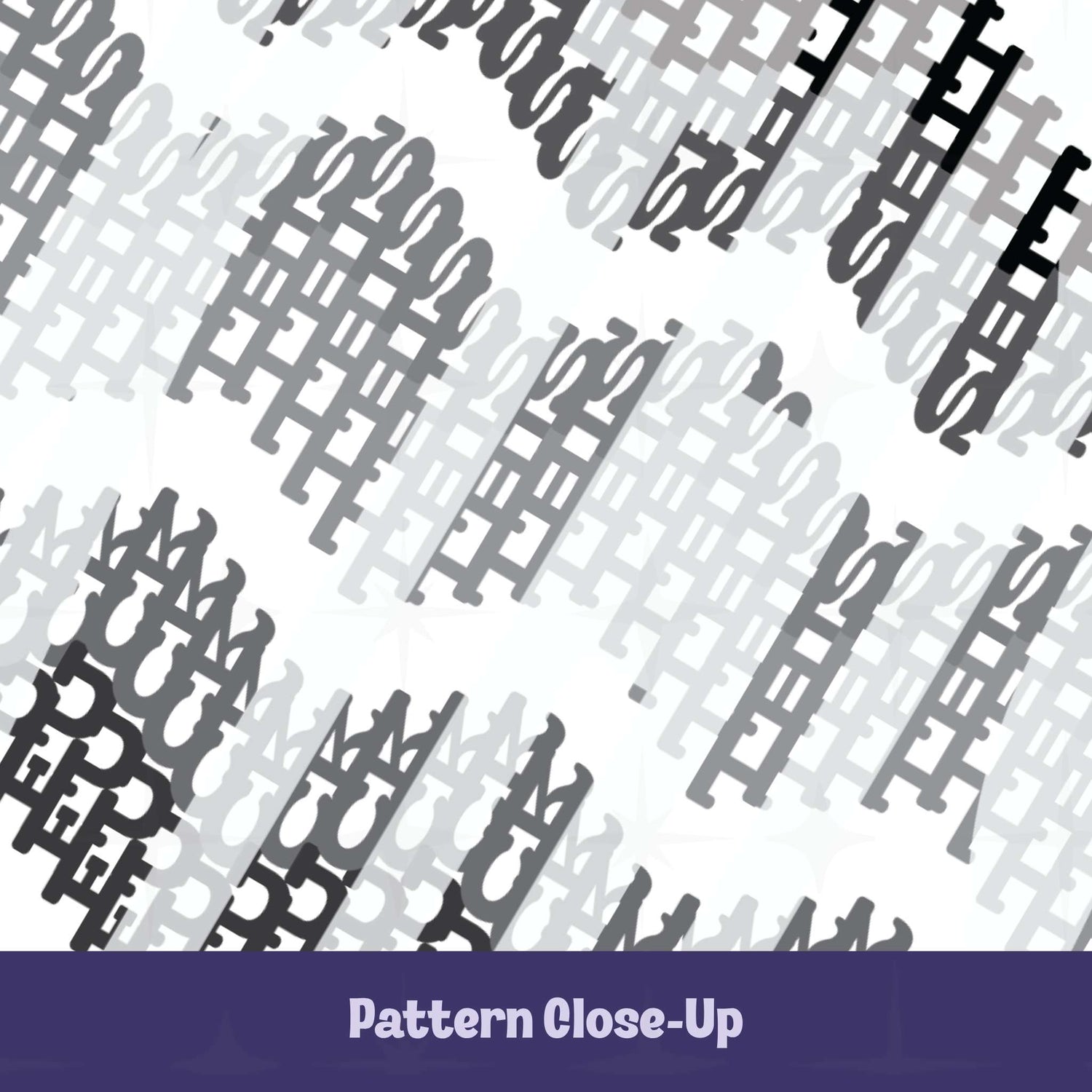 Close-up detail of interlocking gray typographic chevron pattern with hidden profanity text overlay