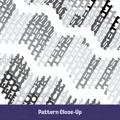 Close-up detail of interlocking gray typographic chevron pattern with hidden profanity text overlay