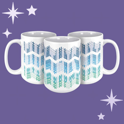 Three white ceramic hidden profanity mugs with ocean ombre chevron swear word pattern on purple background showing full wrap around design