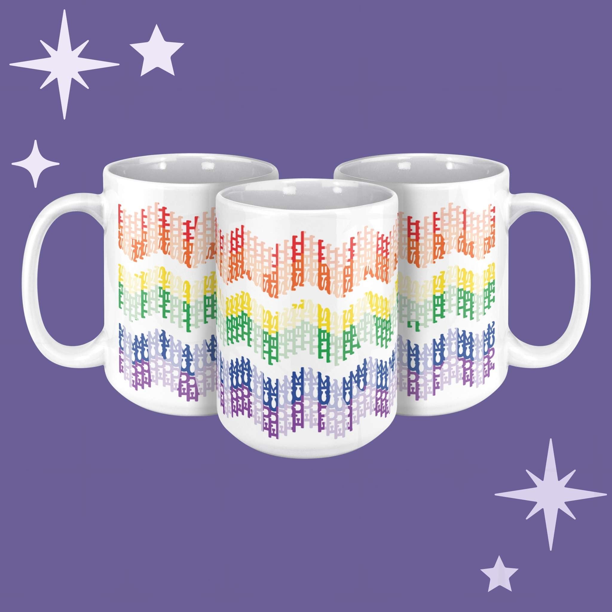Three white ceramic hidden profanity mugs with rainbow chevron swear word pattern on purple background showing full wrap around design