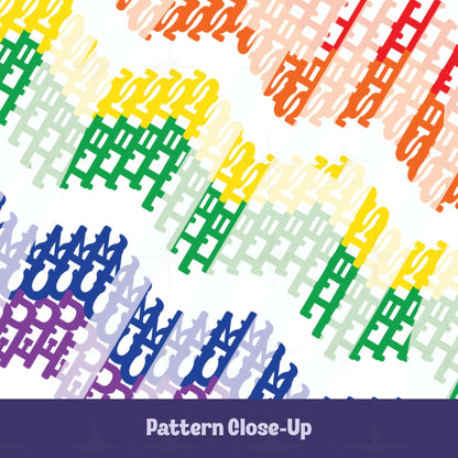 Close-up detail of dual layer interlocking typographic chevron pattern with hidden profanity text in full spectrum rainbow gradient
