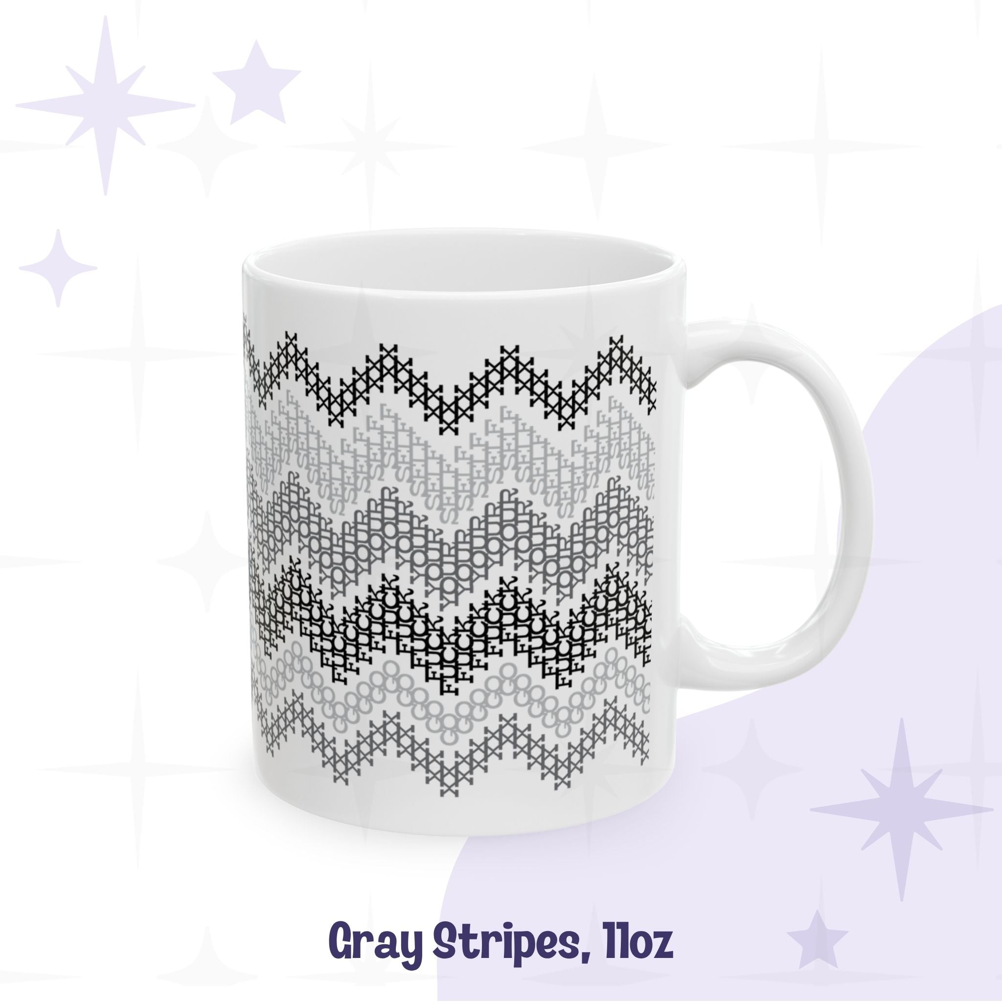 11oz hidden profanity mug gray stripe cross stitch chevron pattern spelling go fuck your self on white ceramic handle facing right