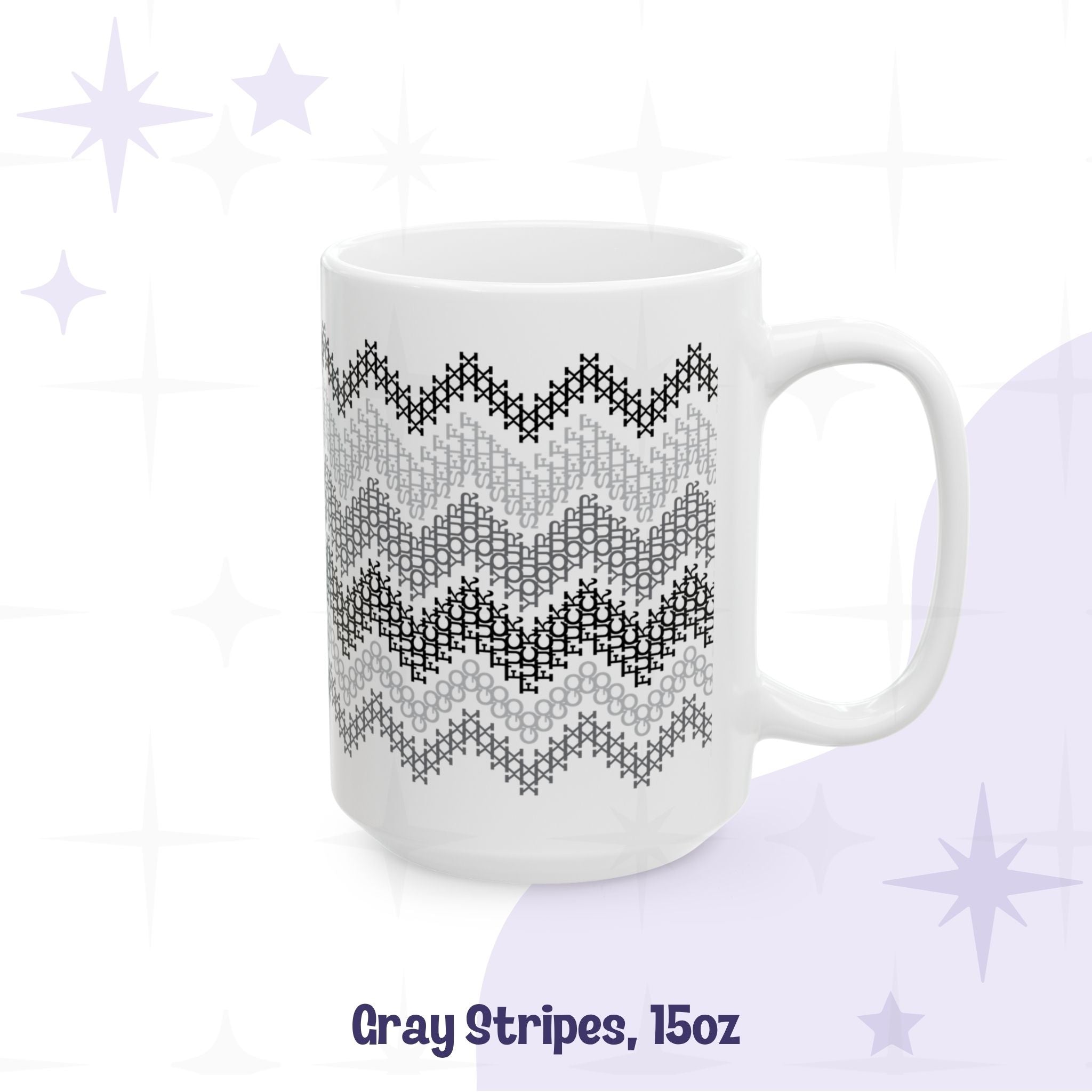 15oz hidden profanity ceramic mug gray stripe cross stitch chevron pattern on white body handle facing right
