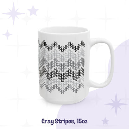 15oz hidden profanity ceramic mug gray stripe cross stitch chevron pattern on white body handle facing right