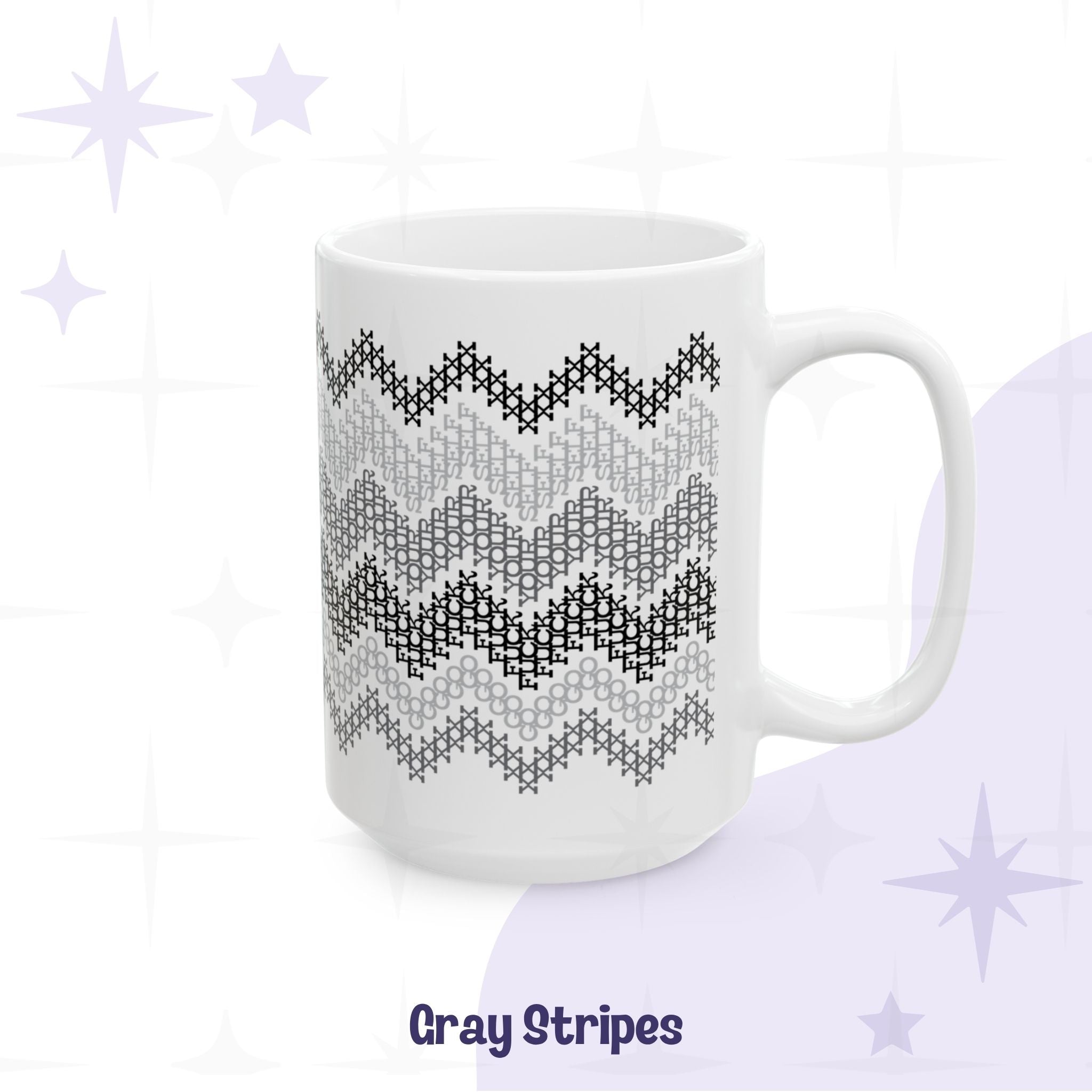 Hidden profanity coffee mug gray chevron cross stitch pattern on white ceramic body front view