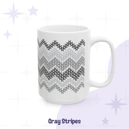 Hidden profanity coffee mug gray chevron cross stitch pattern on white ceramic body front view