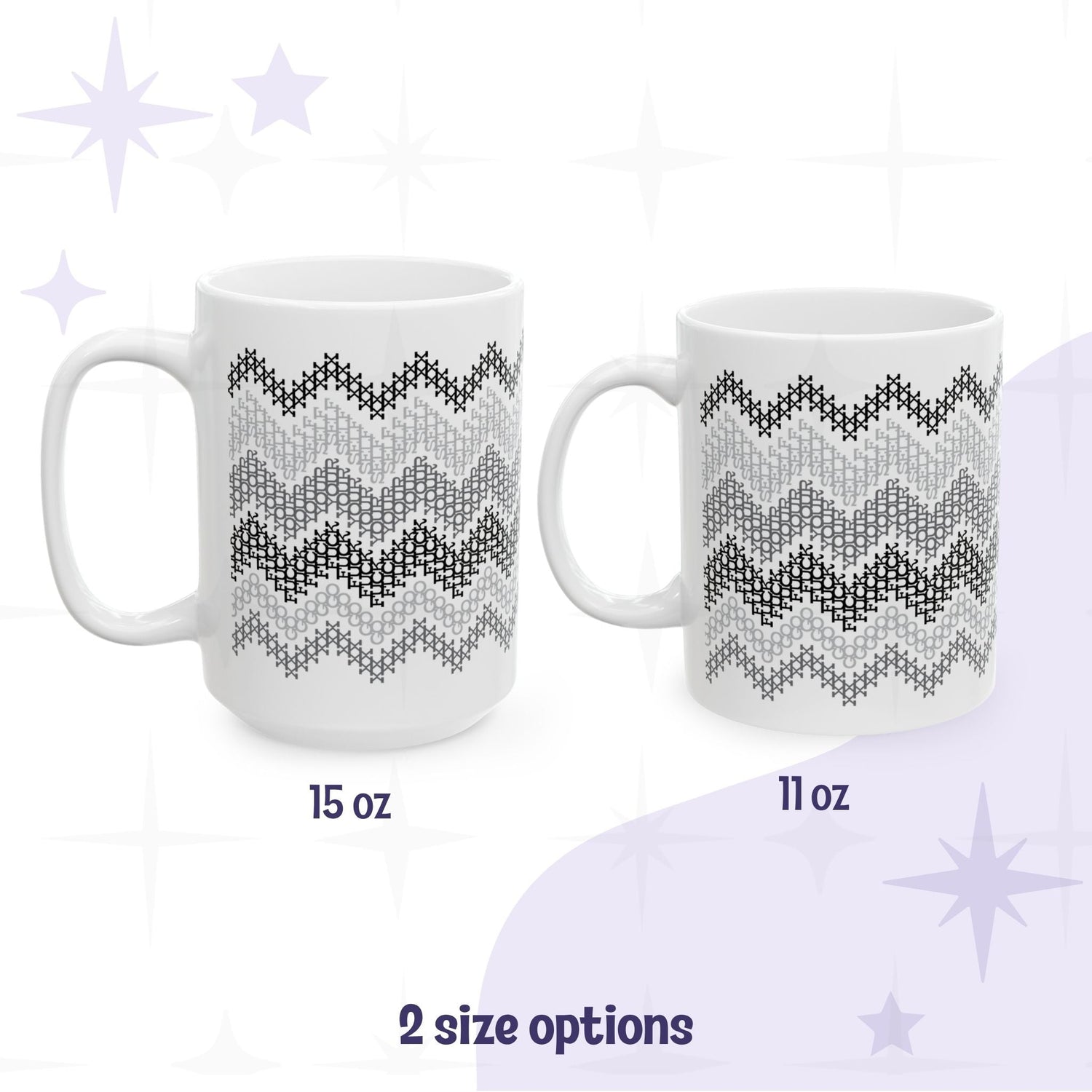 Side by side size comparison of gray stripe hidden message mug "go fuck your self" in 15oz and 11oz ceramic options