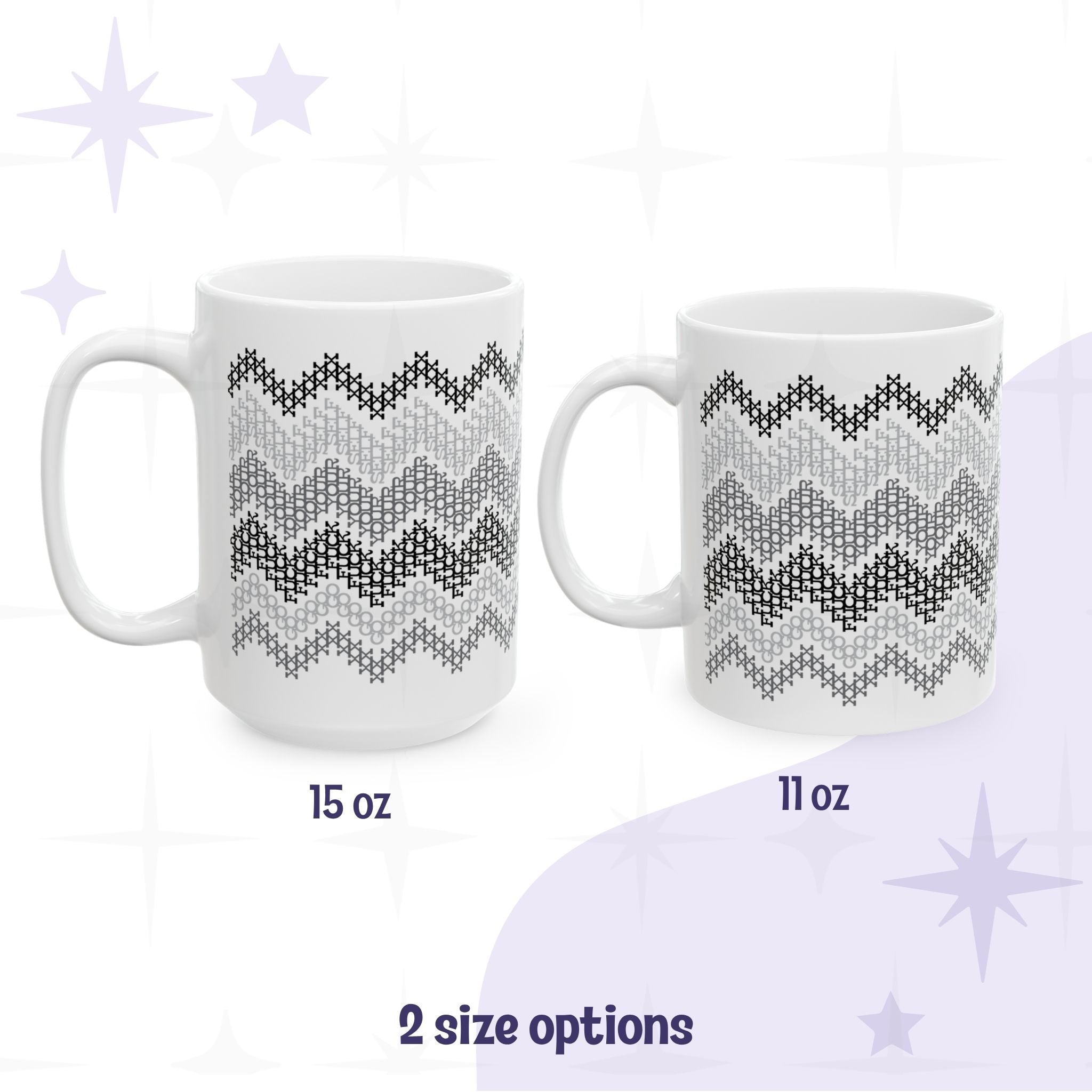 Side by side size comparison of gray stripe hidden message mug "go fuck your self" in 15oz and 11oz ceramic options