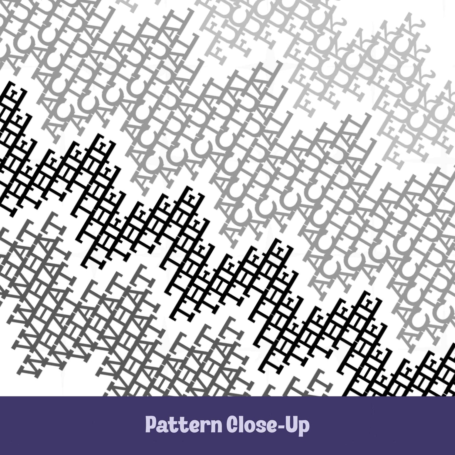 Close-up detail of monochrome cross-stitch typography pattern revealing the hidden words fuck, actual, the, and what in shades of gray to charcoal