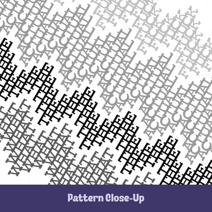 Close-up detail of monochrome cross-stitch typography pattern revealing the hidden words fuck, actual, the, and what in shades of gray to charcoal