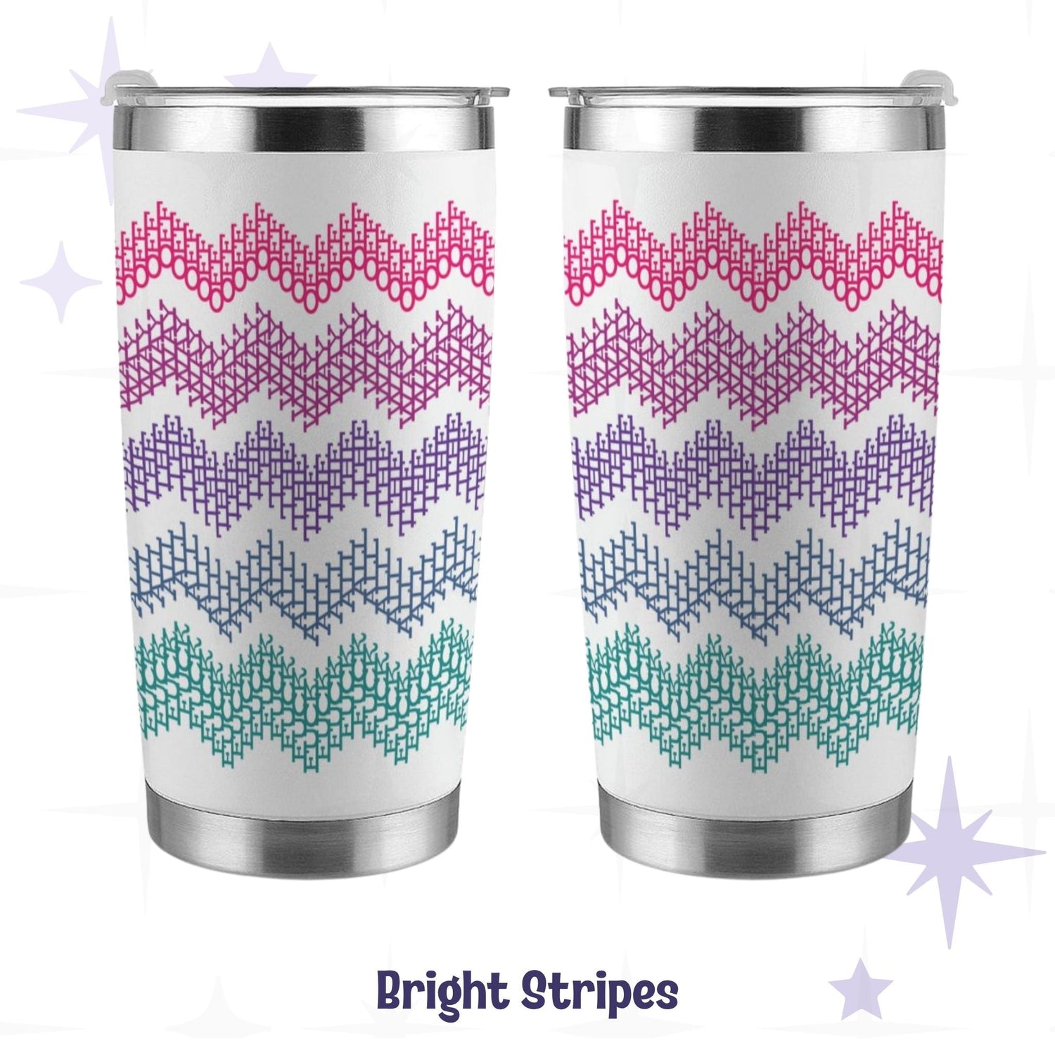 Hidden profanity tumbler bright stripes in hot pink purple and teal front and back view on white stainless steel body