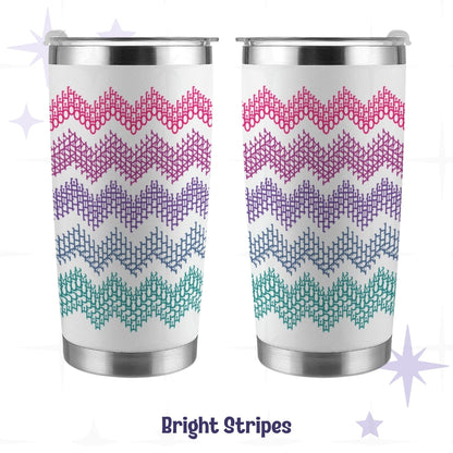 Hidden profanity tumbler bright stripes in hot pink purple and teal front and back view on white stainless steel body